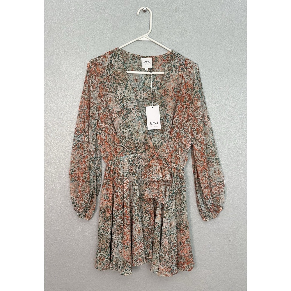 MISA Los Angeles V-Neck Mini Dress Long Sleeve Tie Waist Floral Boho Size Small
